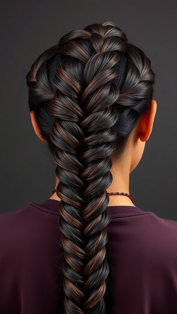 A close-up view of Chocolate Cherry knotless braids, showcasing dark and cherry-colored strands beautifully intertwined.