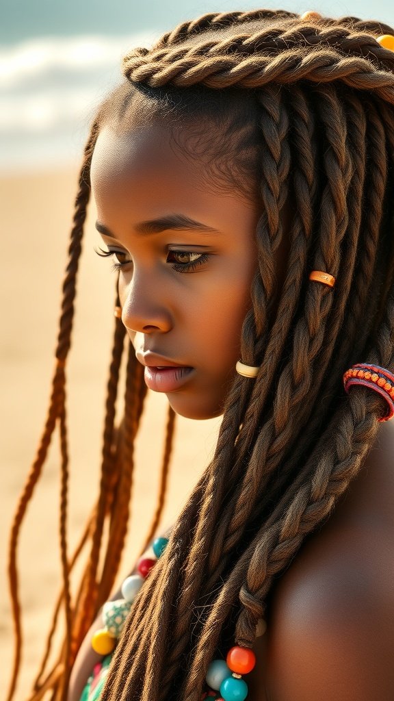 A young girl with chunky boho braids adorned with colorful beads, standing on a beach.