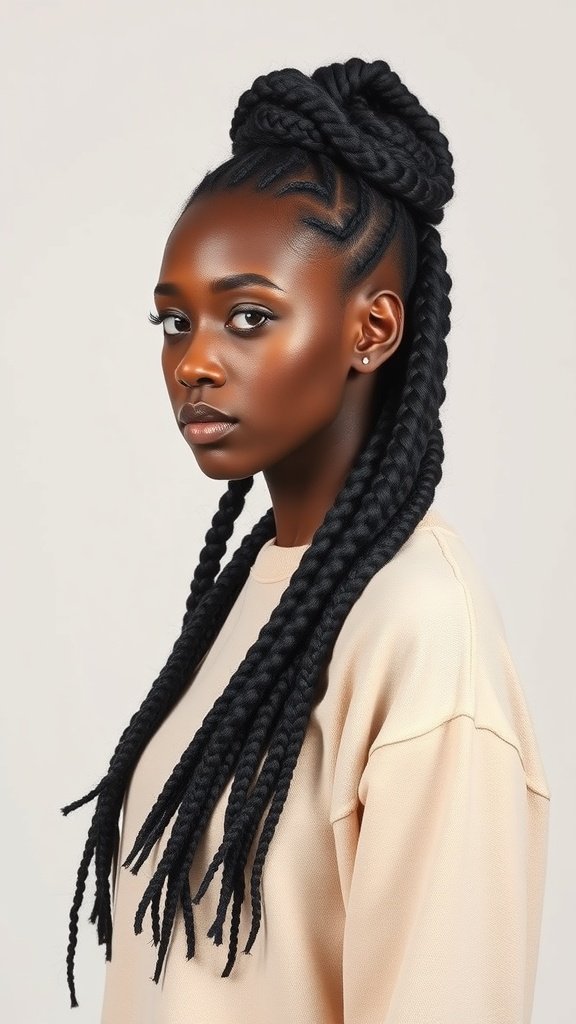 A woman with chunky knotless braids styled in a top knot, showcasing a bold and elegant look.