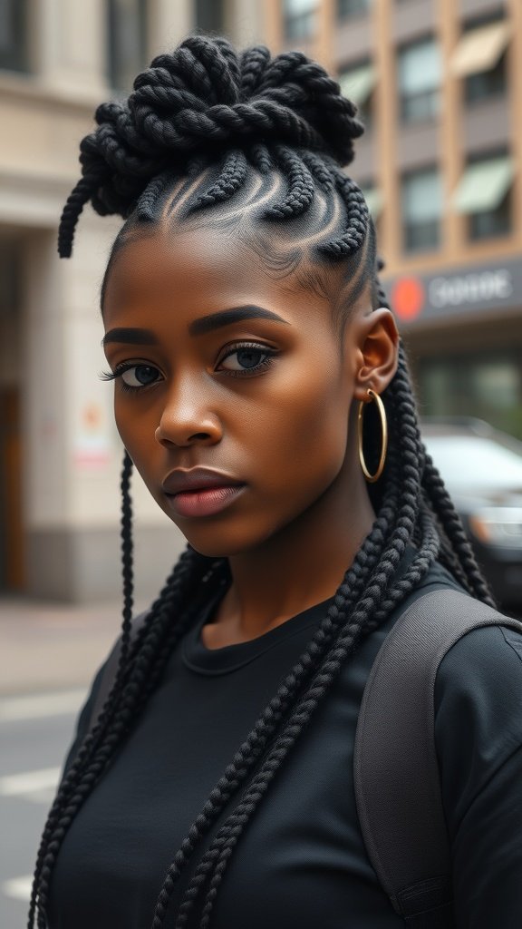 A woman with chunky knotless braids styled in a high bun, showcasing a bold and confident look.