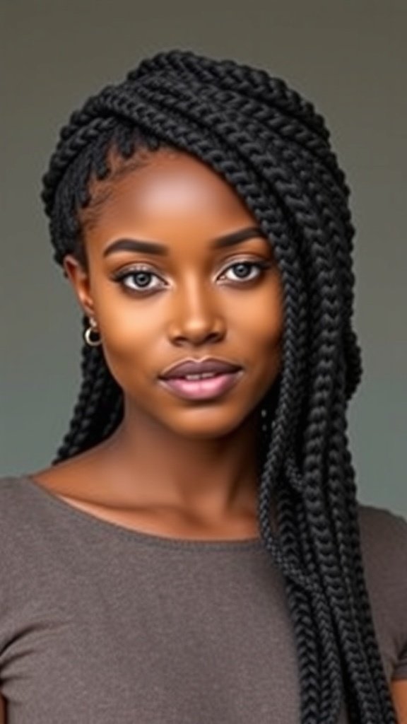 A close-up of a woman with chunky knotless box braids, showcasing a bold and stylish look.