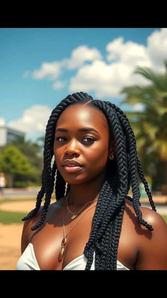 A person with chunky knotless braids, showcasing a bold hairstyle against a sunny backdrop.