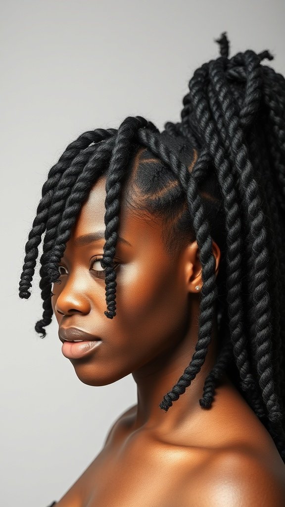 A close-up of a person with chunky knotless twists hairstyle, showcasing the texture and fullness of the braids.