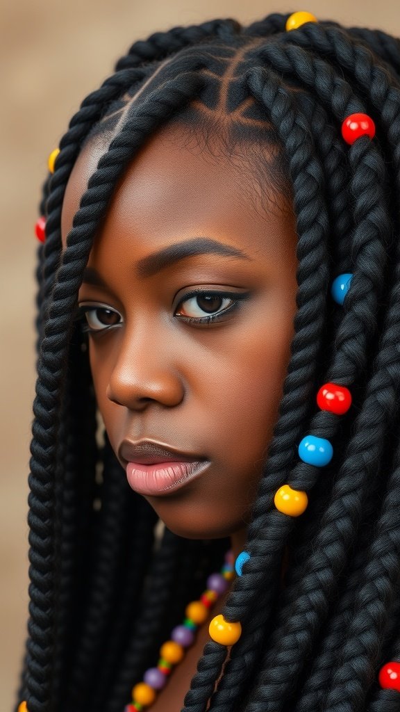 A close-up of a young girl with chunky medium knotless braids adorned with colorful beads.