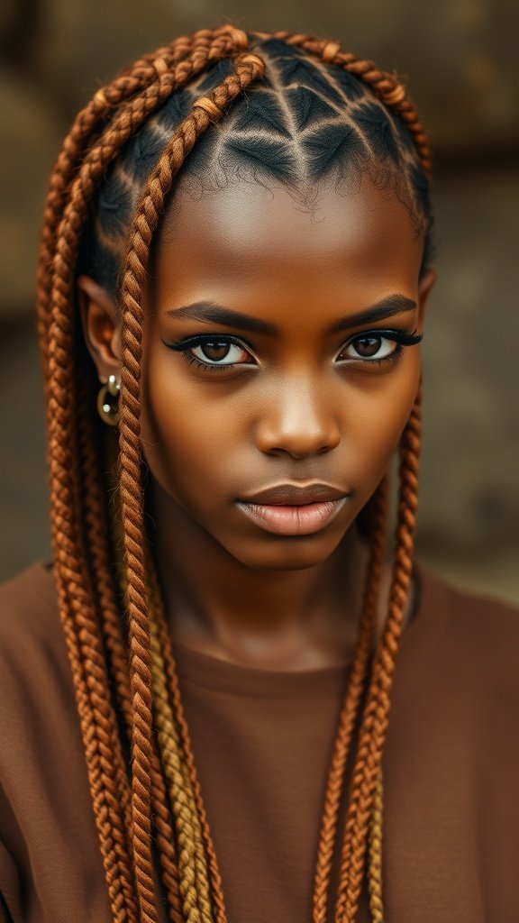 A close-up of a person with cinnamon and honey colored knotless braids, showcasing the intricate style and warm tones.