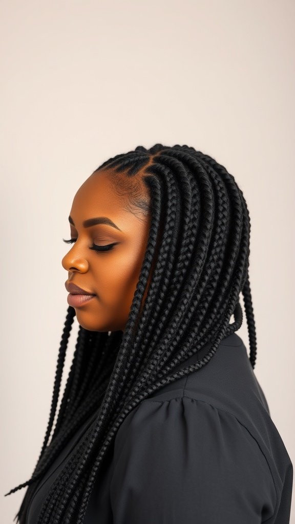 A woman with classic black jumbo knotless box braids styled elegantly.