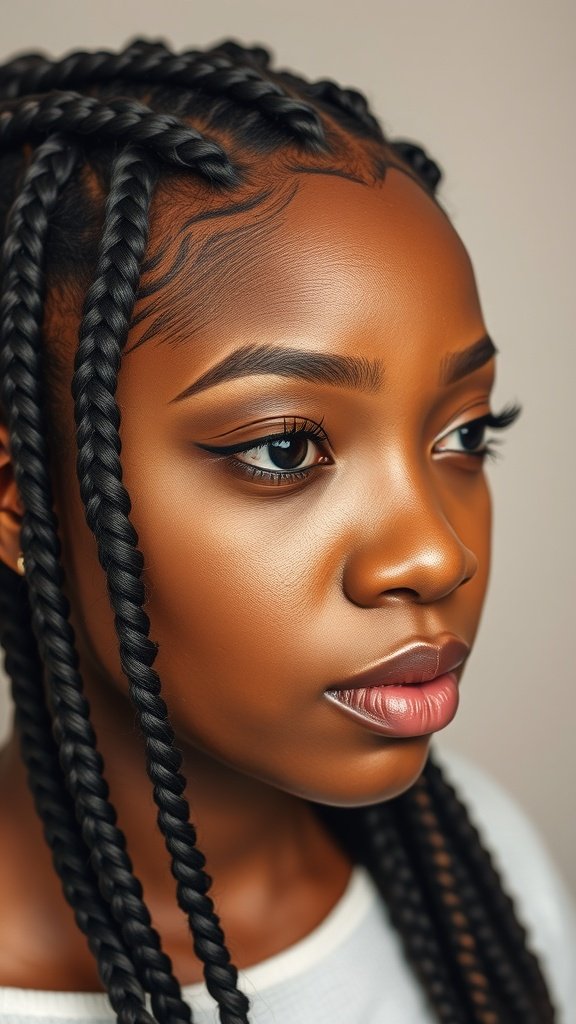 A close-up of a person with classic knotless twists hairstyle, showcasing smooth and sleek braids.
