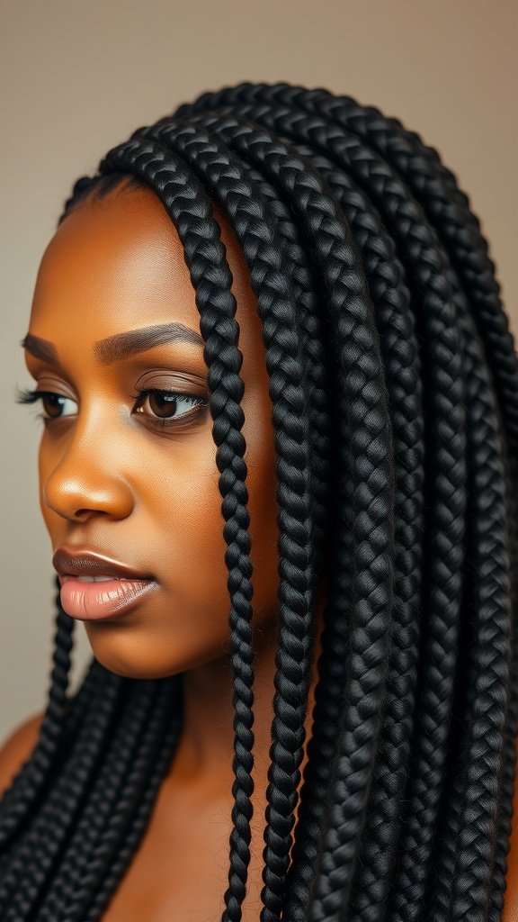 A close-up of a woman with large knotless box braids, showcasing their sleek and elegant style.