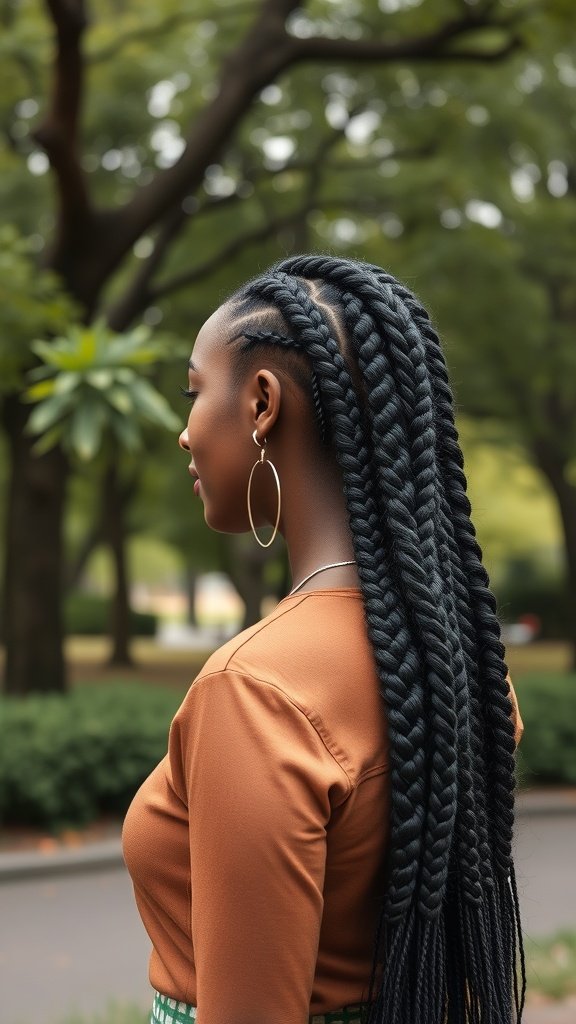 A woman with classic large knotless braids, showcasing a stylish and elegant hairstyle in a park setting.