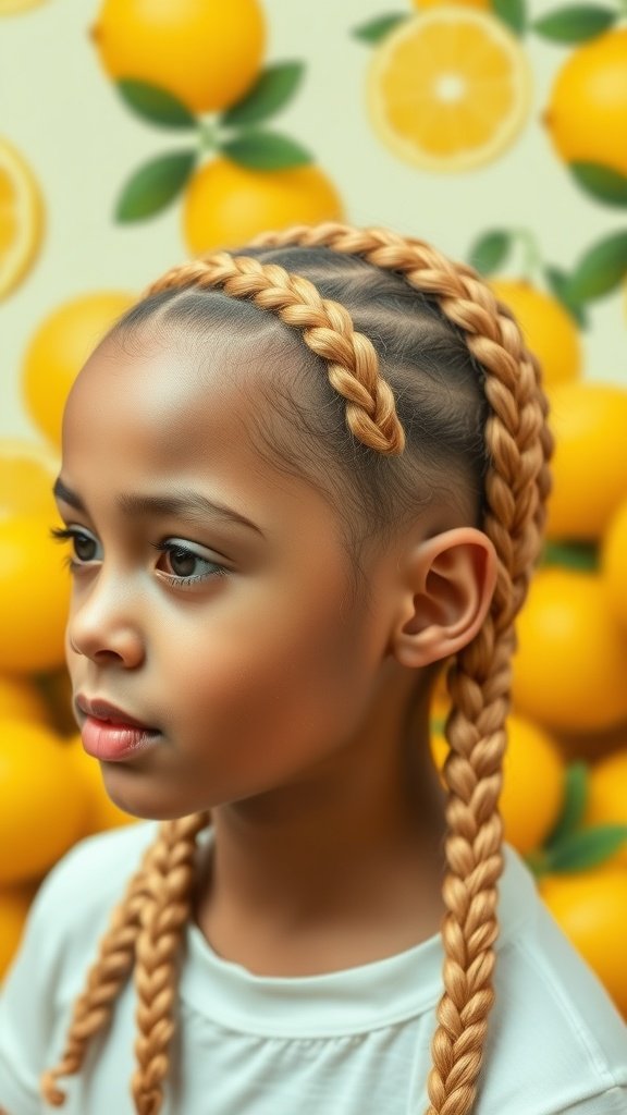 A young girl with classic lemonade braids, set against a backdrop of lemons.