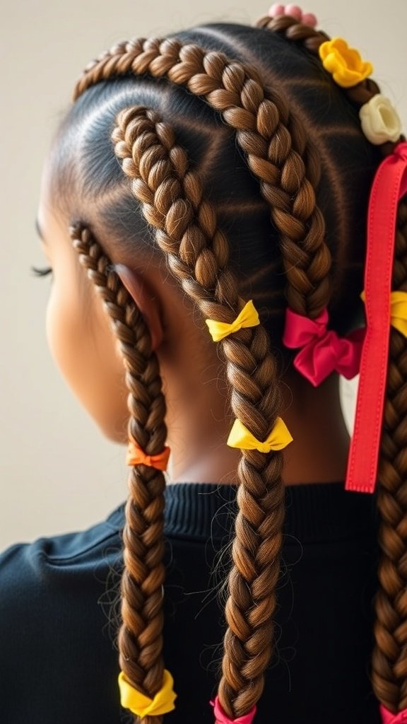 A close-up of a hairstyle featuring classic lemonade braids adorned with colorful bows.