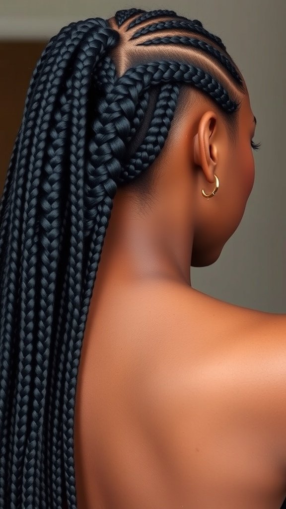 A close-up view of a woman with classic medium knotless box braids styled elegantly.