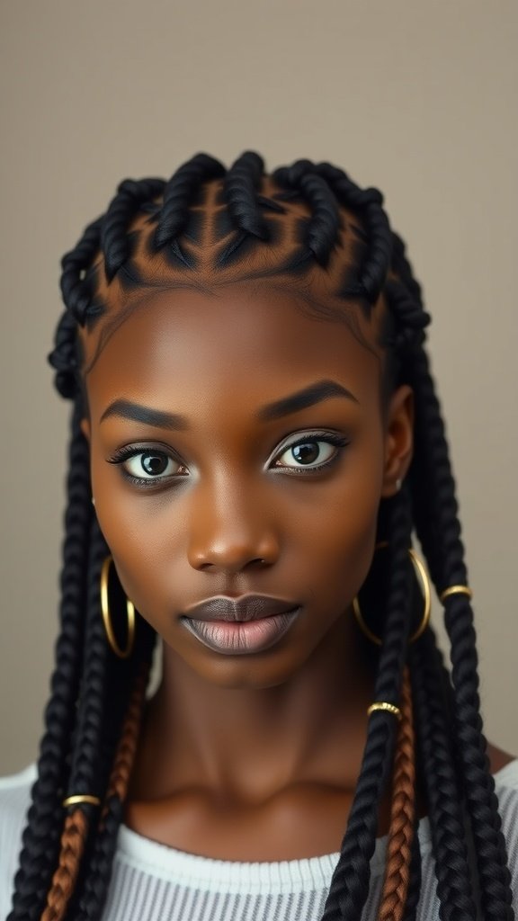 A close-up of a person with classic medium knotless box braids, showcasing neat and stylish braids.