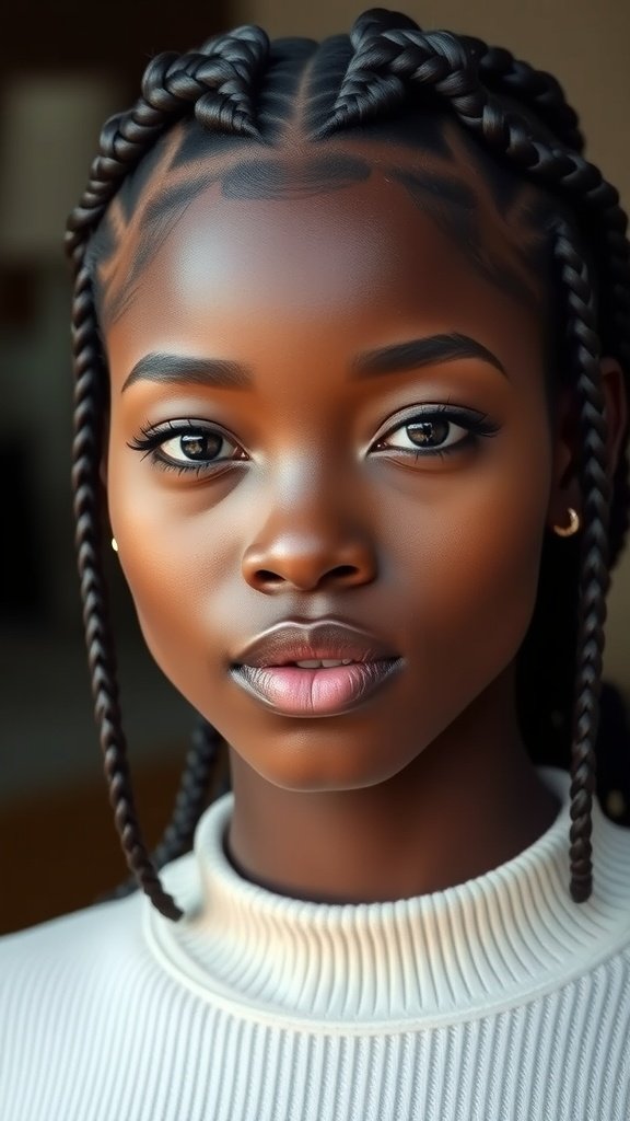 A close-up of a person with classic medium knotless braids, showcasing the neat and elegant style.