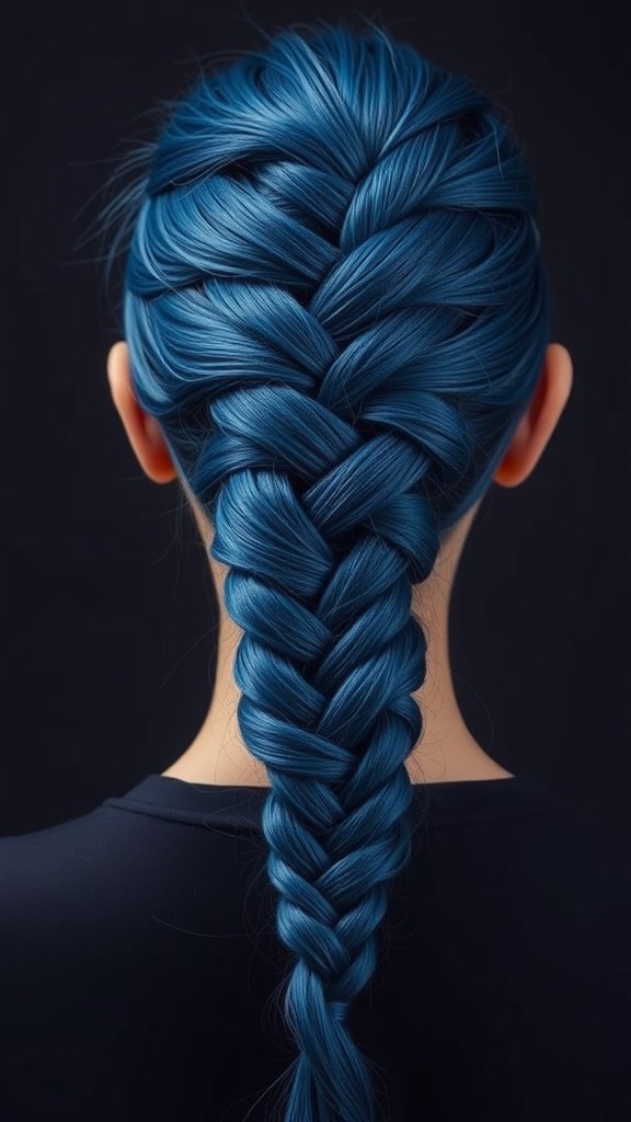 A close-up view of a cobalt blue knotless braid styled elegantly down the back.