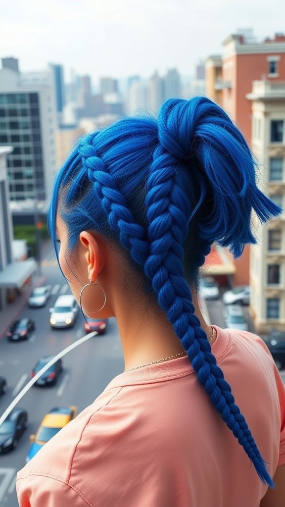 A person with cobalt blue knotless braids styled in a ponytail and hanging down their back, with a city skyline in the background.
