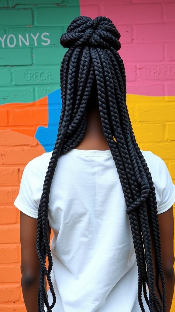 A person with black jumbo knotless box braids styled in a bun, standing in front of a colorful mural.