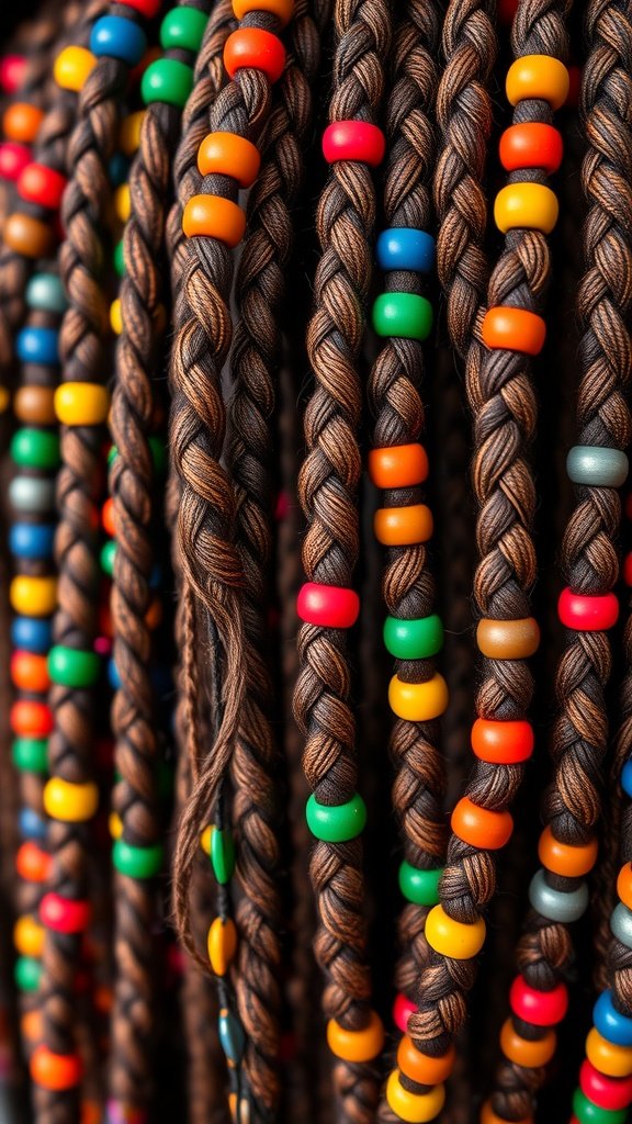 Close-up of colorful beaded knotless braids