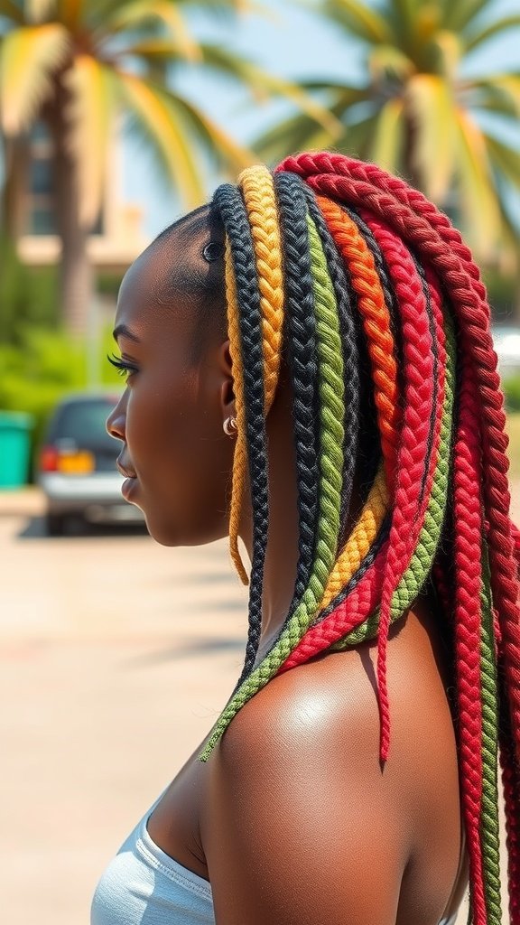 A woman with colorful knotless braids in red, green, yellow, and black, standing outdoors with palm trees in the background.