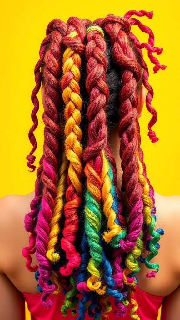 A person with colorful knotless braids featuring curly tips, showcasing a vibrant hairstyle against a yellow background.
