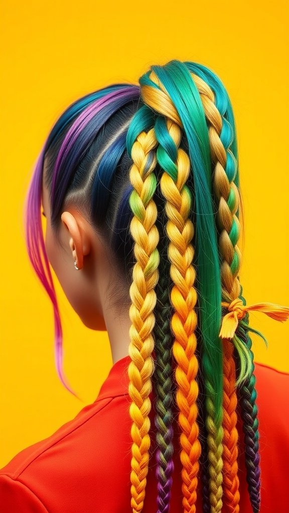 A woman with colorful knotless braids in a ponytail, showcasing an ombre effect against a bright yellow background.