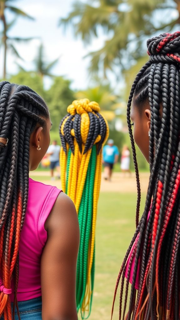 Two individuals with colorful medium knotless box braids, one with red and black, and the other with yellow and green.