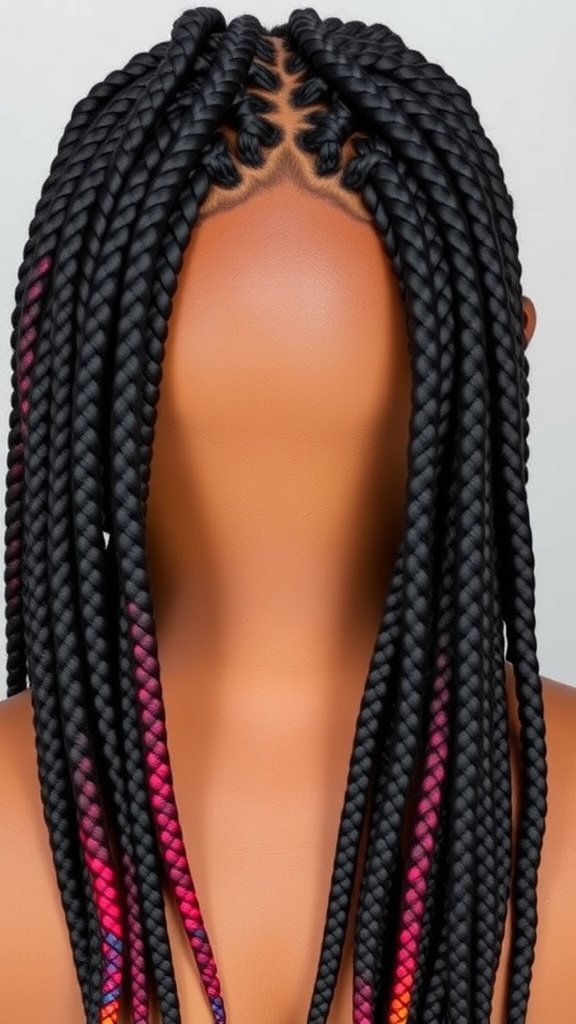 Colorful ombre knotless box braids featuring black roots and pink tips