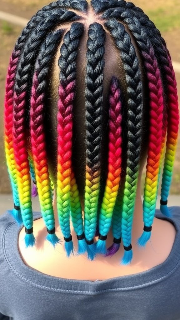 A back view of colorful ombre knotless braids, showcasing a gradient from black to vibrant rainbow colors.