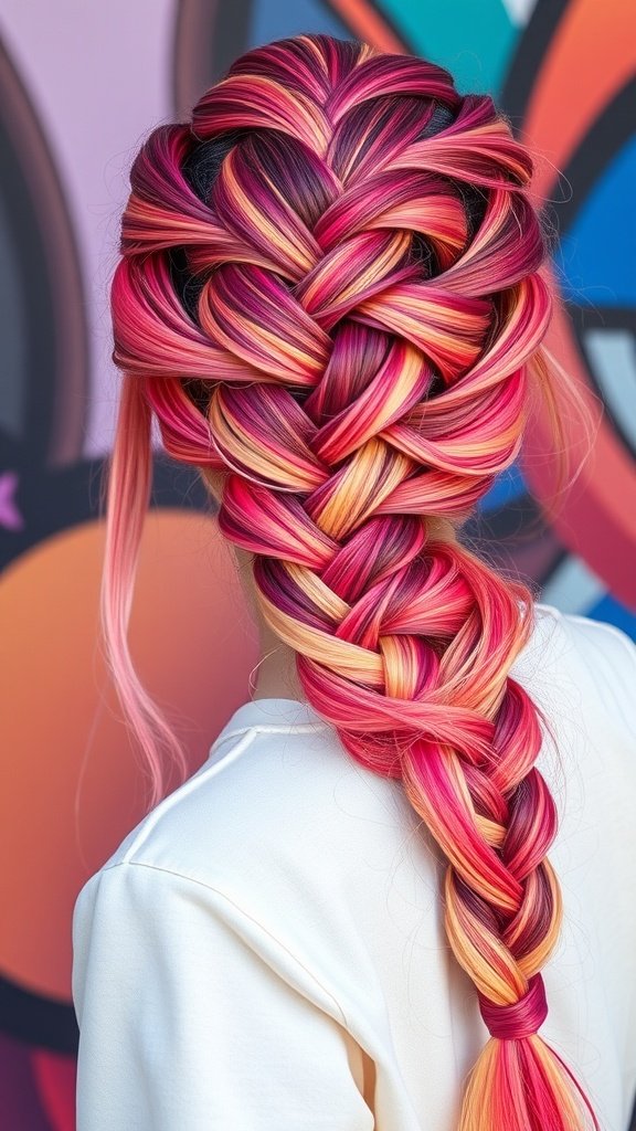 A close-up of colorful ombre knotless braids featuring pink and orange hues.
