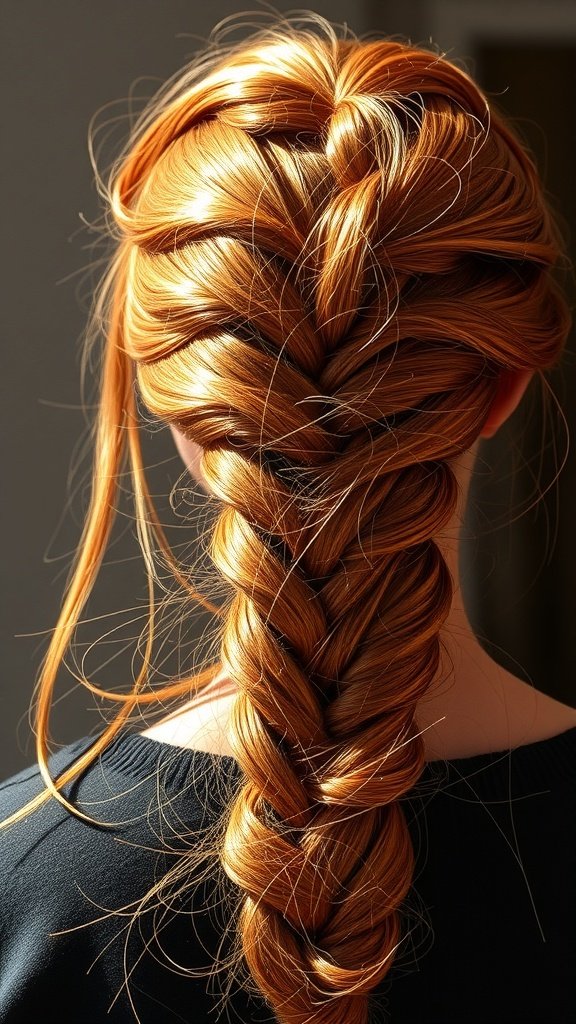 A close-up view of copper knotless braids styled beautifully.
