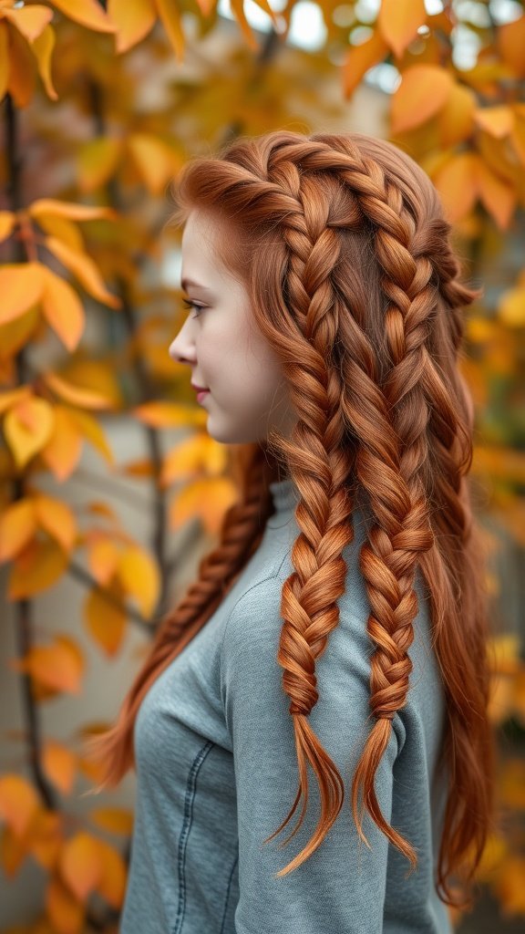 A woman with copper red knotless braids styled against a backdrop of autumn leaves.
