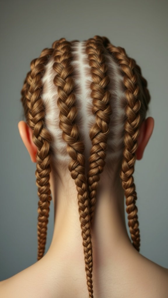 A close-up view of a person's head showing creative knotless braid patterns.