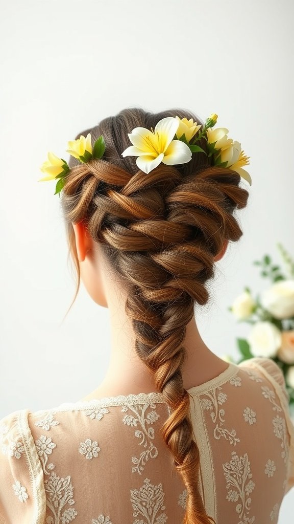 A woman with lemonade braids styled in an updo, decorated with yellow flowers.