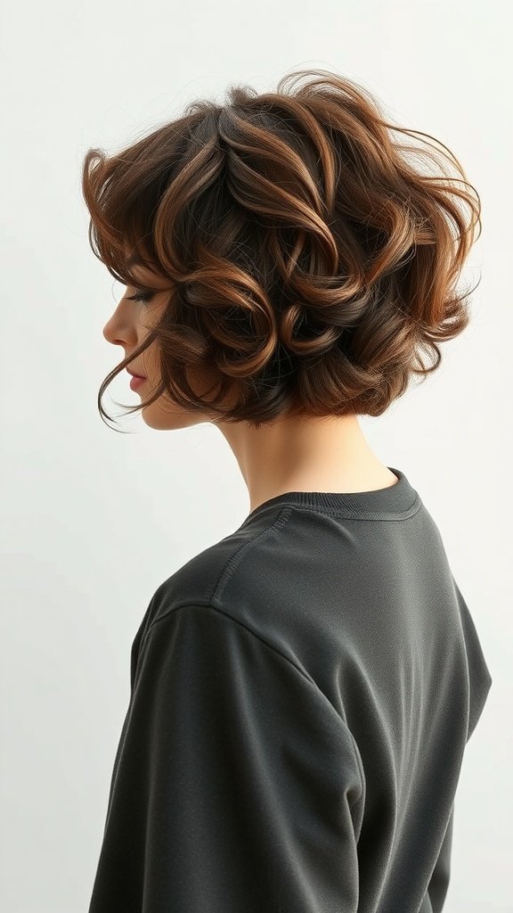 A stylish bob haircut with curly ends, showcasing a playful and chic hairstyle.
