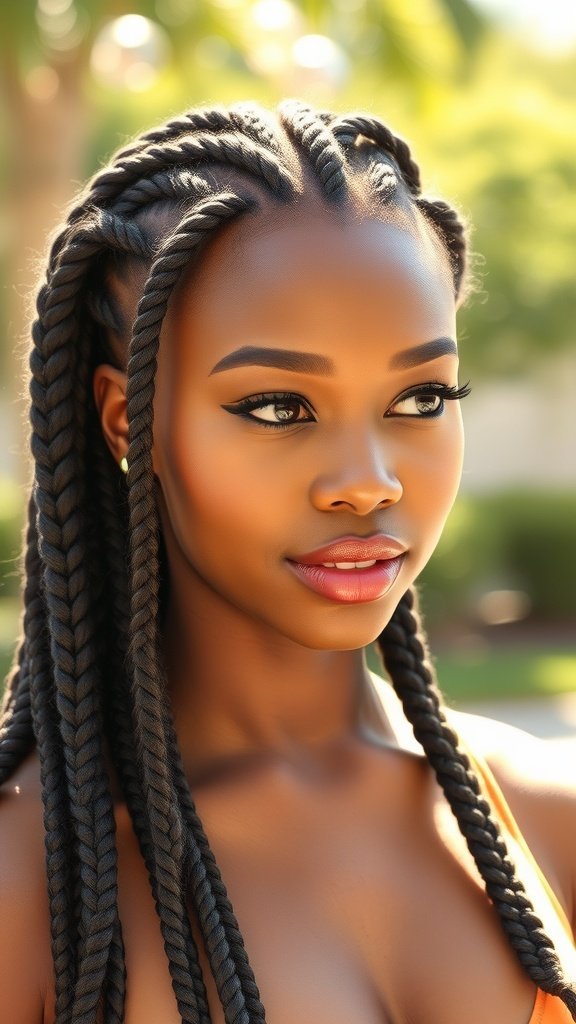 A woman with medium knotless box braids featuring curly ends, showcasing a stylish and playful look.