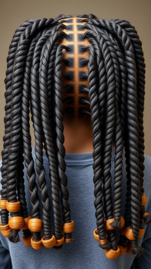 Large knotless box braids with curly ends and wooden beads