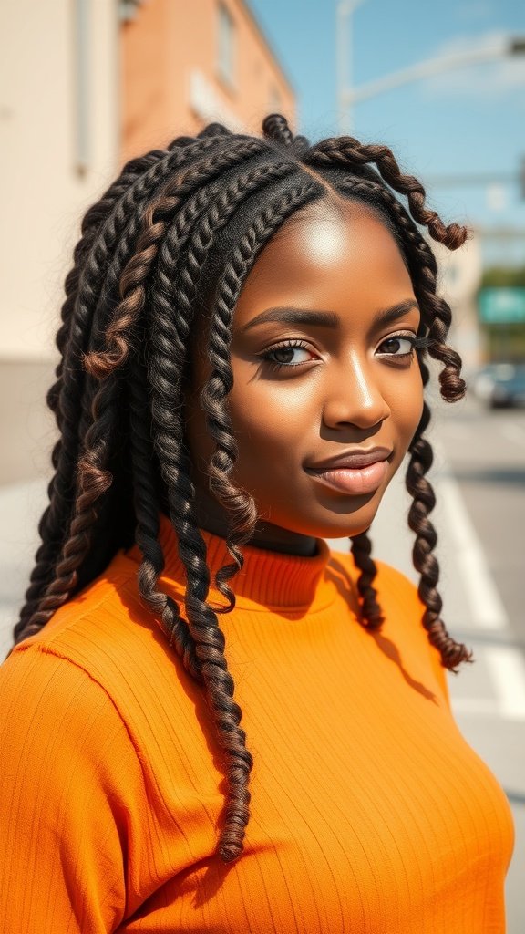 A woman with medium knotless box braids featuring curly ends, wearing an orange top.