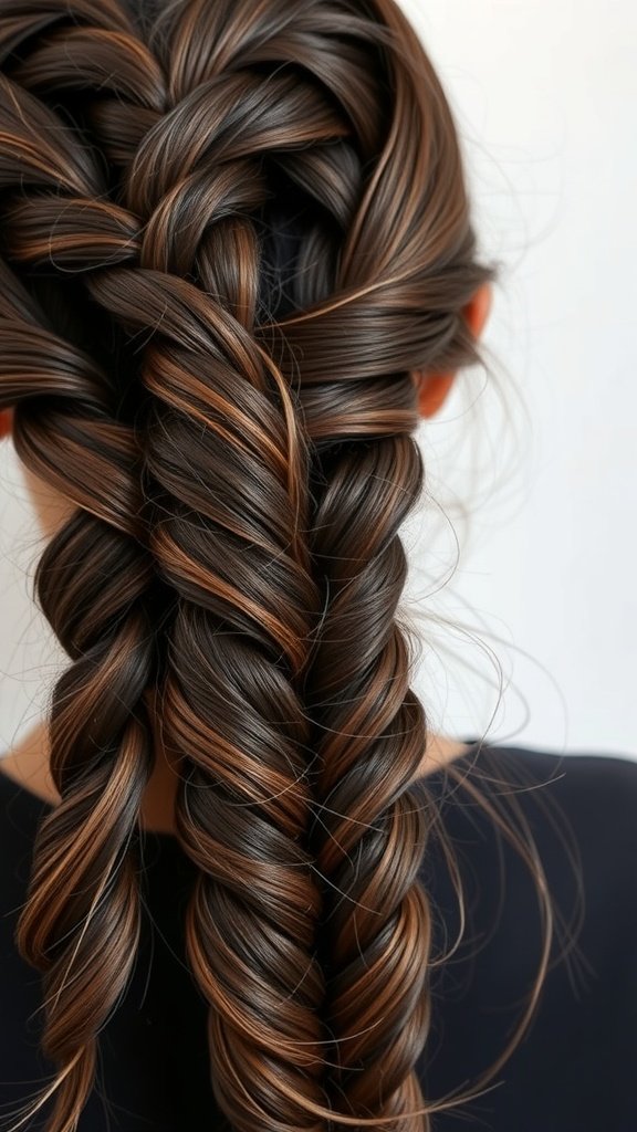 Dark chocolate and caramel knotless braids styled elegantly