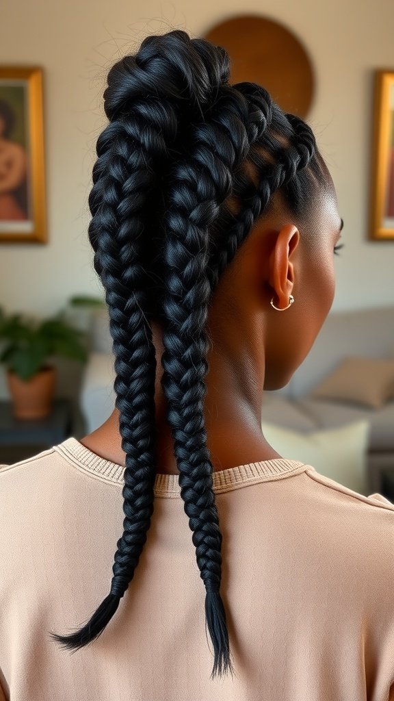 A close-up view of dark chocolate knotless braids styled elegantly.