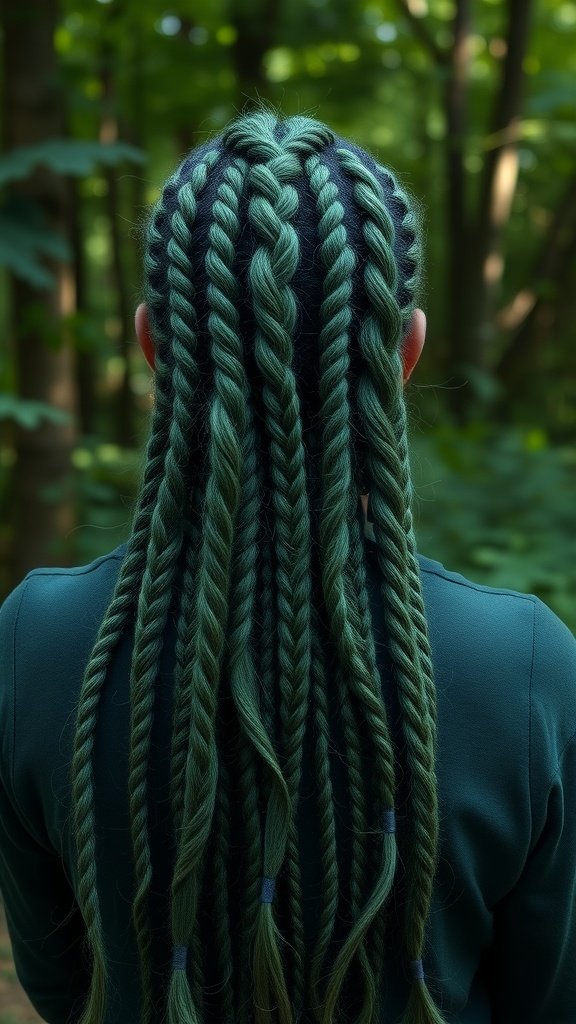 A person with deep green knotless braids styled in a natural setting.