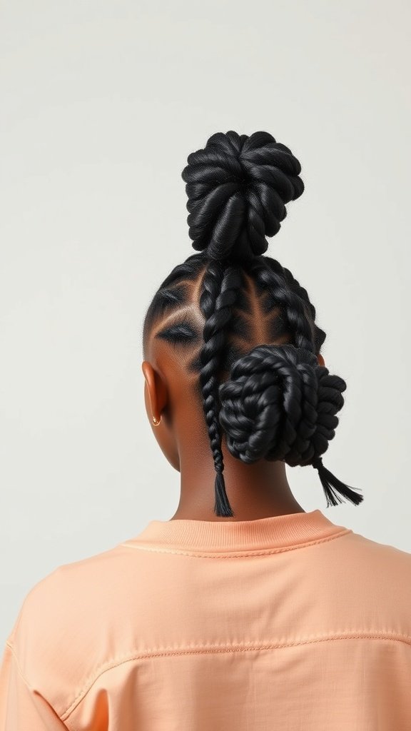 A hairstyle featuring double buns made from medium knotless box braids, showcasing a stylish and playful look.