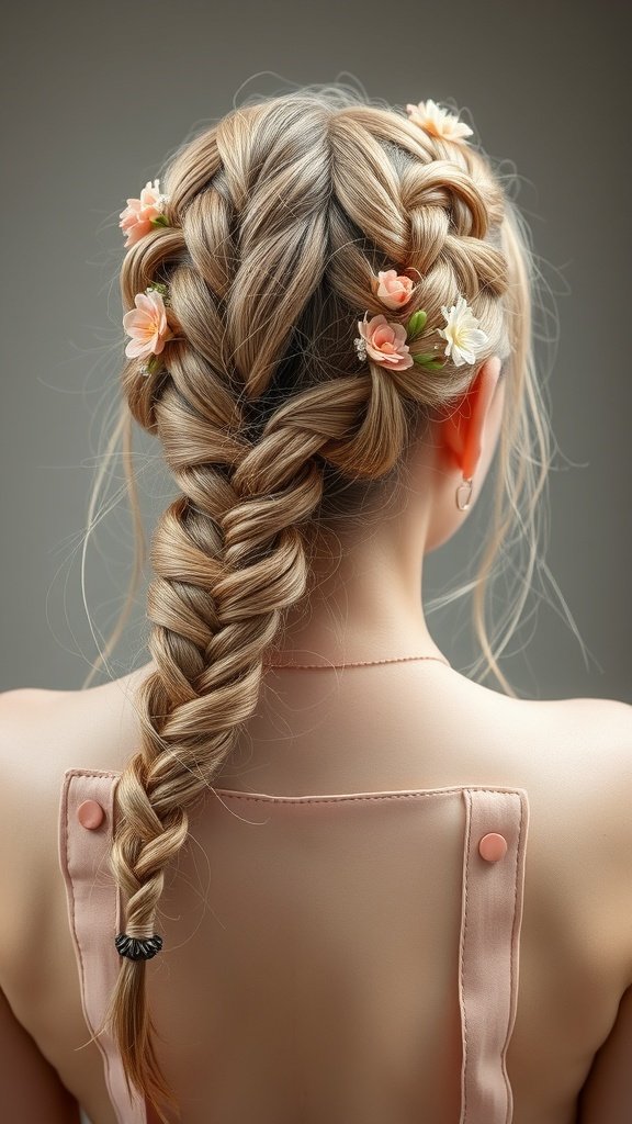 A close-up of a braided hairstyle featuring dusty rose color and floral accents.
