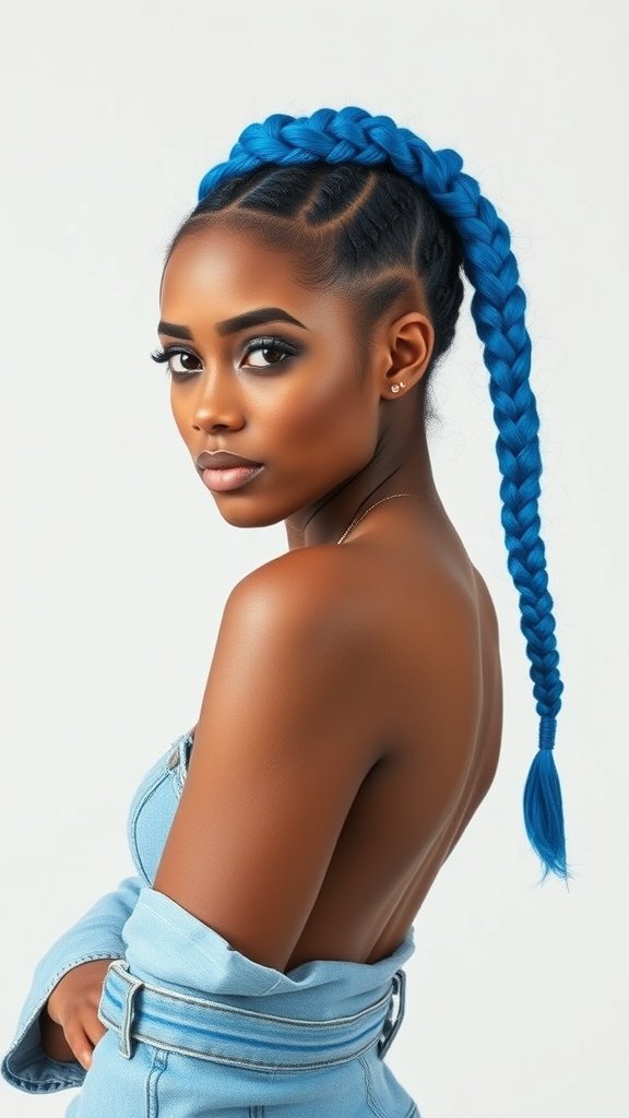 A woman with electric blue knotless braids styled in a sleek ponytail, wearing a denim outfit.