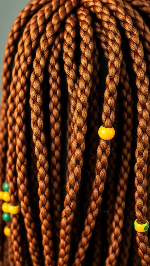 Close-up of ginger knotless braids adorned with colorful beads