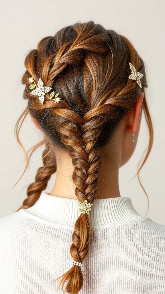 A woman with half-up knotless braids styled with decorative hair accessories.