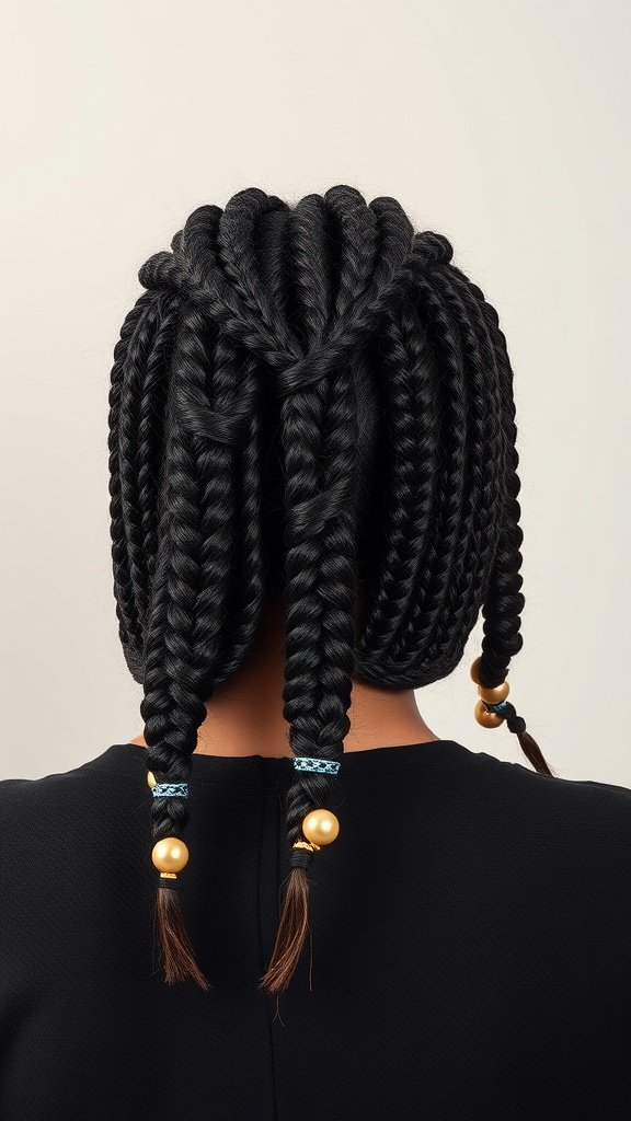A stylish knotless bob hairstyle with braids and decorative beads