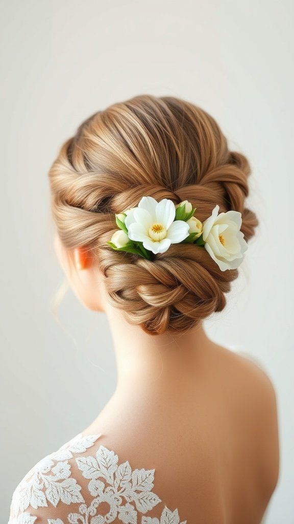 A woman with an elegant knotless braids updo adorned with white flowers.