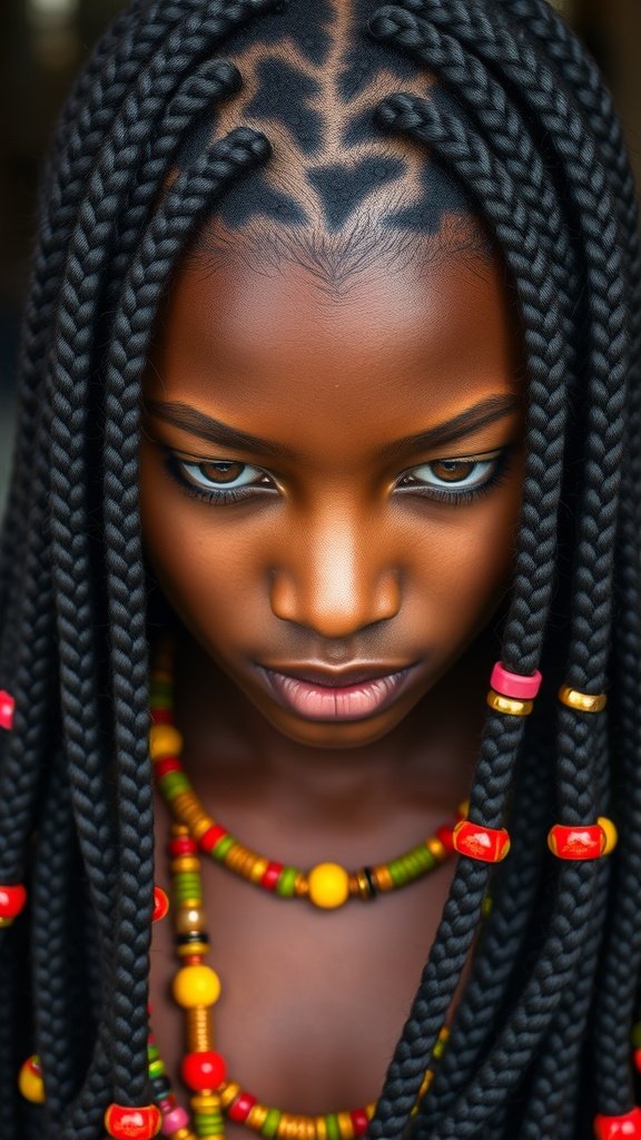 A close-up of a person with knotless braids adorned with colorful beads, showcasing intricate patterns at the roots.