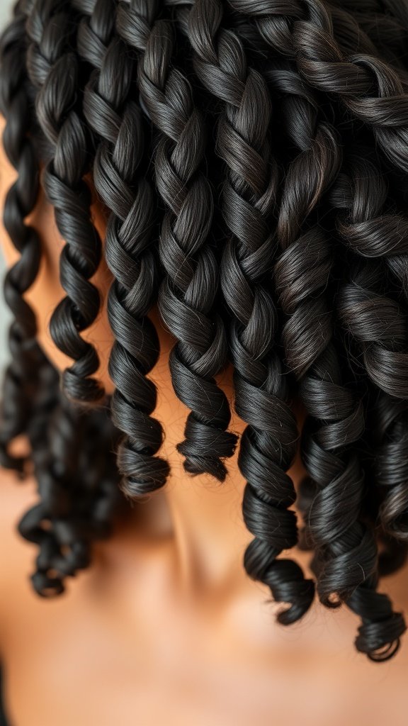 Close-up of knotless braids with curly ends, showcasing a smooth texture and bouncy curls.