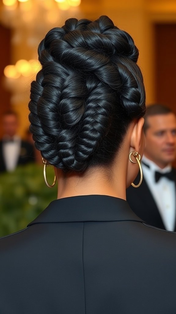 Elegant updo featuring jumbo knotless box braids, showcasing a polished and sophisticated hairstyle.